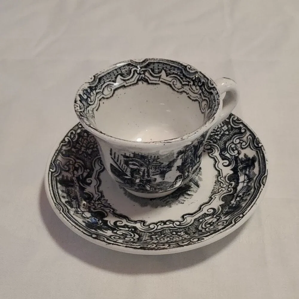 VTG La Cartuja de Sevilla “Vistas” Cup Saucer – Rare Black Transferware  Spain